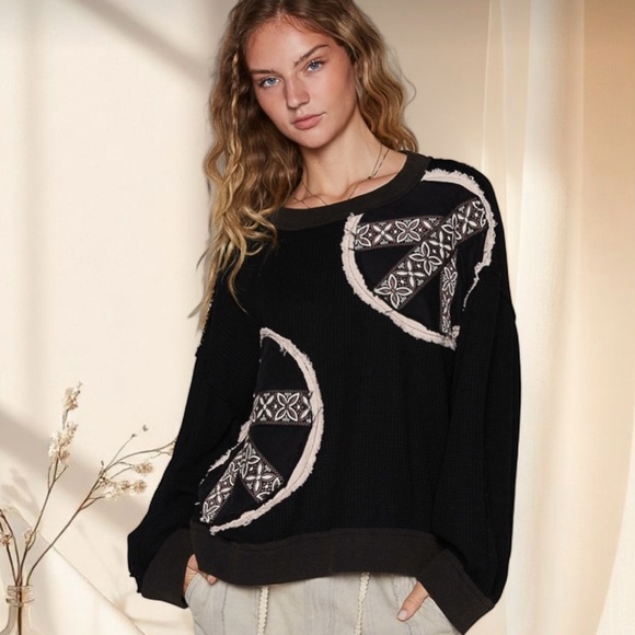 POL Black Boho Peace Sign Patch Sweater | Relaxed Fit Patchwork Top - Picture 3 of 7